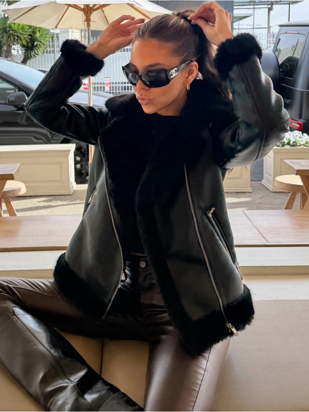Windsor Black Leather Shearling-Trim Jacket